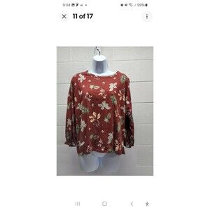Loft Fall Colors with Leaves Cotton Knit Long Sleeve Top Balloon Sleeve Sz L
